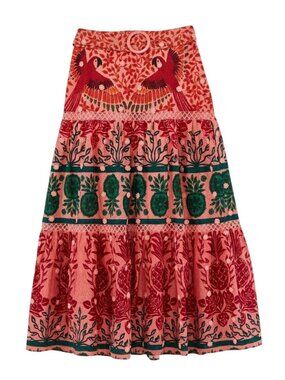 Farm Rio Pink Ainika Print Macaws Maxi Skirt, Large NWT
